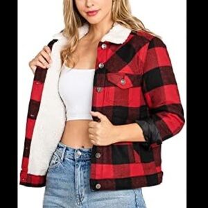 Funky Tribe Sherpa lined Red & Black Buffalo Check Plaid Bomber jacket small